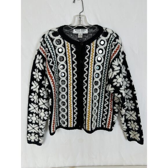 3D Sweaters - Vintage 3D Knit Cardigan Sweater Mirror Kitty Hawk‎ Vivan Wang Women's Artsy MED